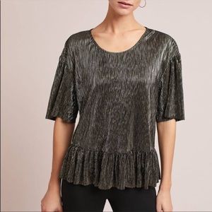 Anthropologie Eri + Ali Gold Shine Pleated Peplum Tee